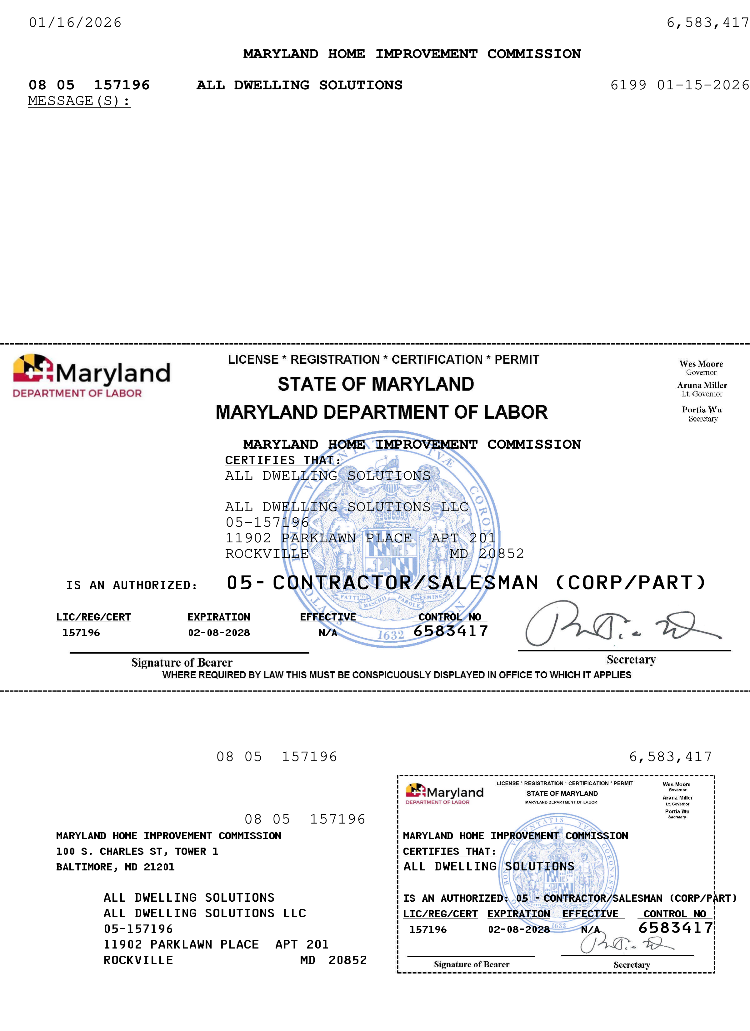 Maryland Home Improvement Commission Contractor License