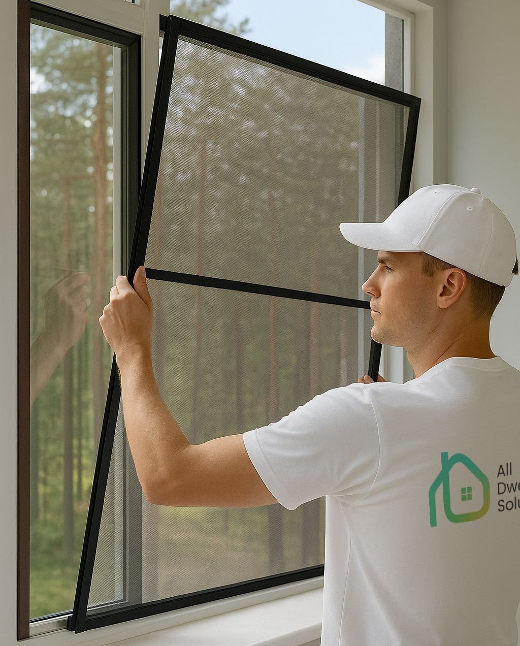 Professional All Dwelling Solutions technician installing a window screen