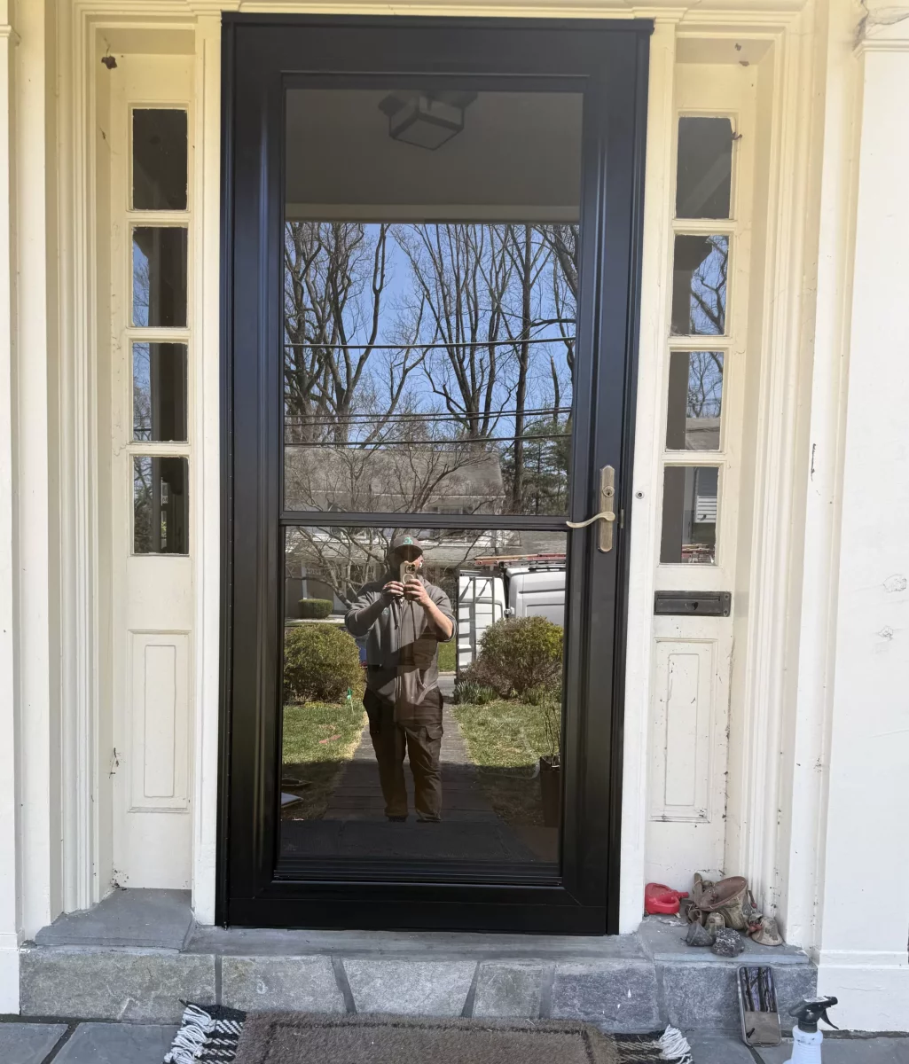 Black storm door with glass panel and welcome mat at residential entry