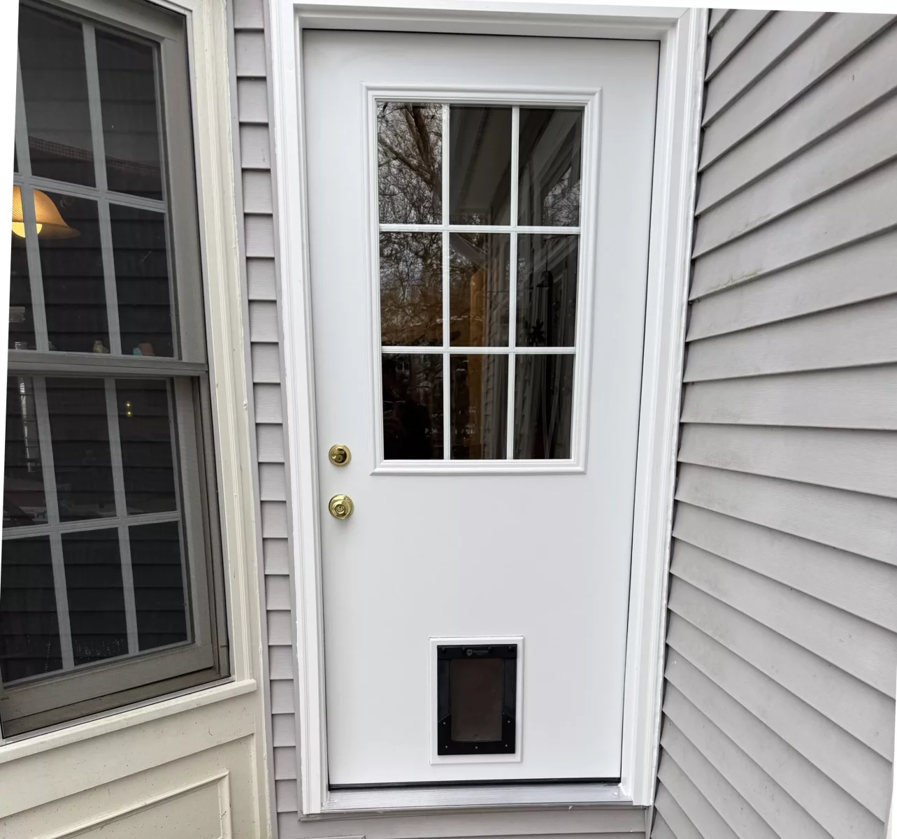 White exterior door with pet door installed and adjacent window