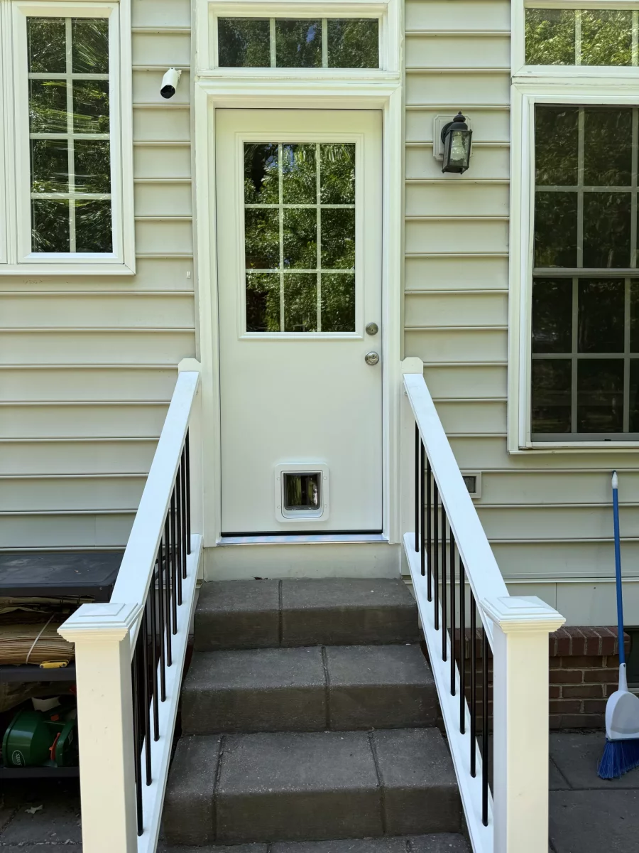 Exterior door with pet door installed and surrounding windows